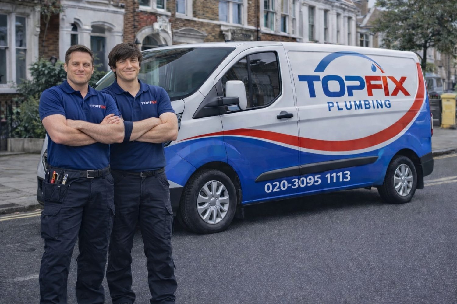 TopFix Plumbing engineers with a branded van on a South London street