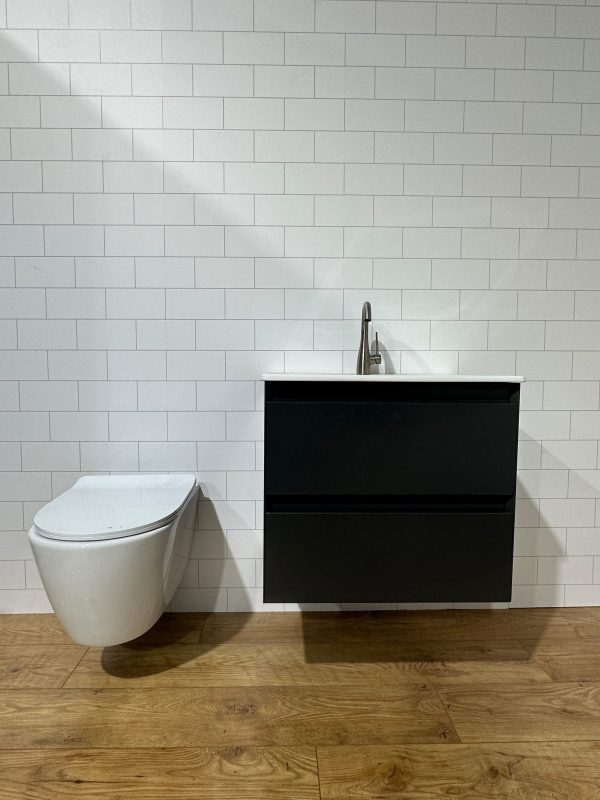 Wall-hung WC plus slimline vanity — two of the highest-impact space-saving moves in a small bathroom.